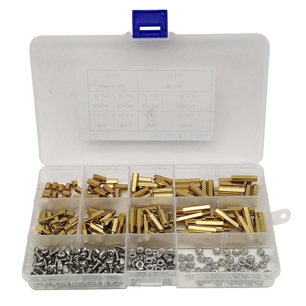 320pcs Boxed M3 Brass Hex Copper Pillars: Male-Female, 6-10mm, Inner/Outer Thread Support Posts