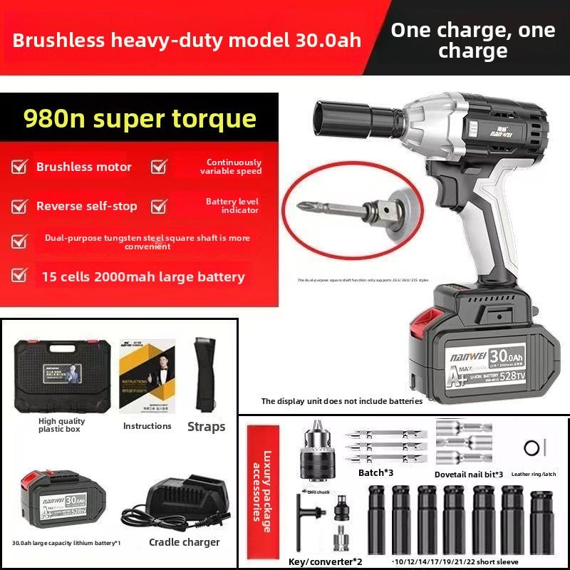 

NANWEI Cordless Impact Wrench, 980N High Torque Impact Wrench, Equipped with 30.0Ah Lithium-ion Battery Fast Charger, Wrench Stand, Woodworking 30.0Ah+1 battery