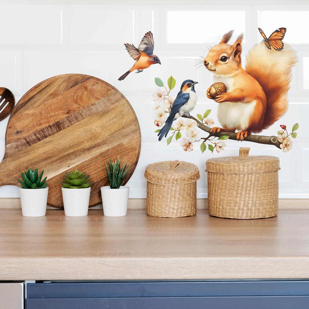 Static Cling Cute Squirrel Branches Flowers Birds Window Stickers for Glass Cabinet Shop Window Home Decor