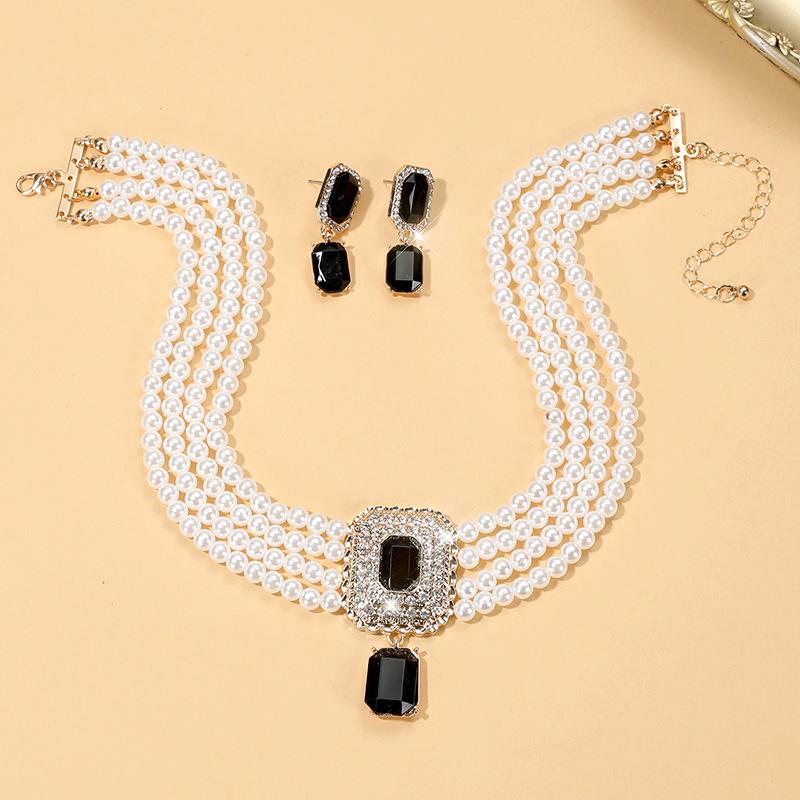 Multi-layer Bridal Anti-Pearl Earrings Necklace Geometric Crystal Full Diamond Necklace Set Choker Female