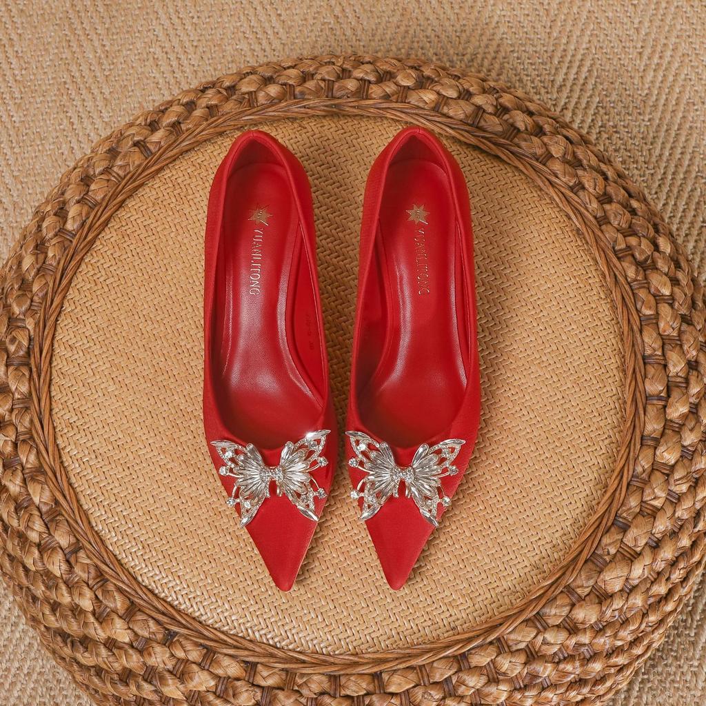 Temperament fashion single shoes classic retro wedding shoes women's butterfly buckle crystal texture women's shoes high heels women's high sense