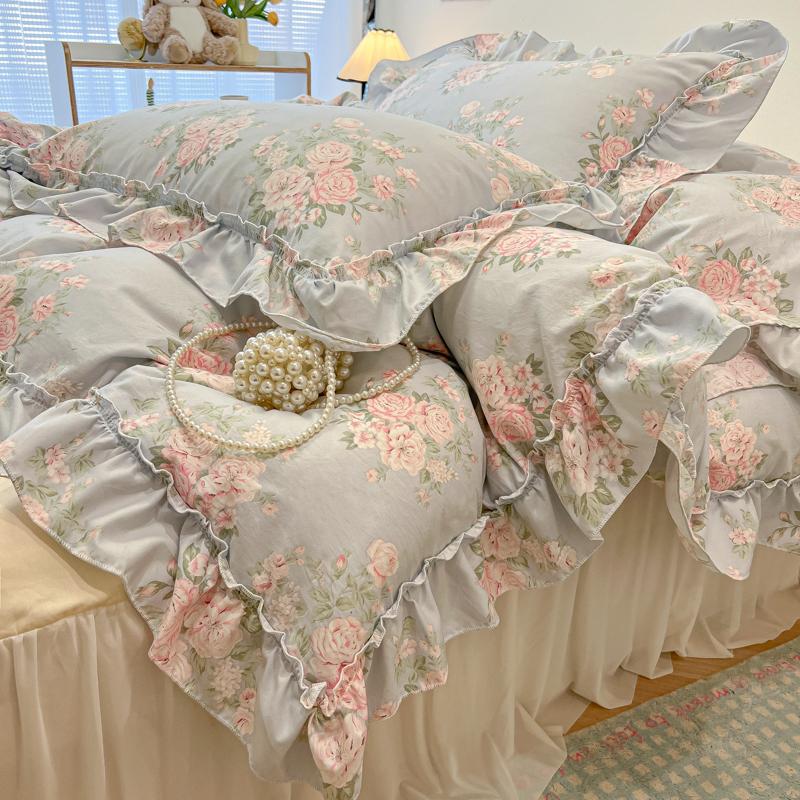 3/4Pc Korean Princess Style Floral Ruffles Bedding Set Single Queen Size Soft Skin-friendly Washed Cotton Duvet Cover Pillowcase