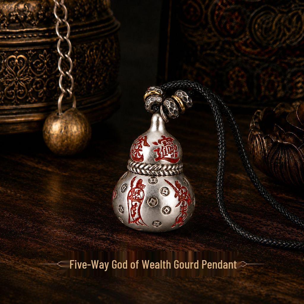 S925 Sterling Silver Taoist Wealth Gourd Pendant with Aged Vermilion Finish for Fortune and Prosperity.