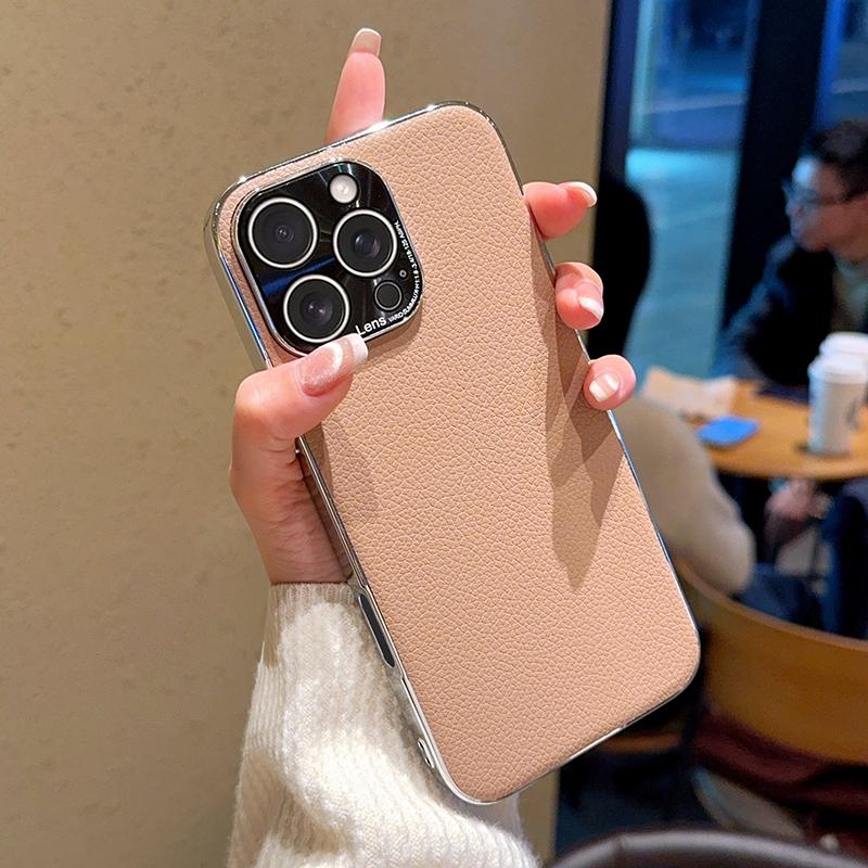 Lichee Leather Pattern Phone Case For Iphone 15 Plus 16 Pro Max Solid Color Protective Plating PC Hard Shell Back Cover