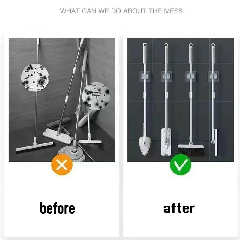 Self-adhesive Mop Holder Broom Stand Wall Mounted Mop Support Sweeping Brush Hook Storage Organizer Bathroom Kitchen Accessories