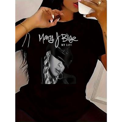 Damen Mary J. Blige MY LIFE Album Tribut Grafik Kurzarm Rundhals T-Shirt