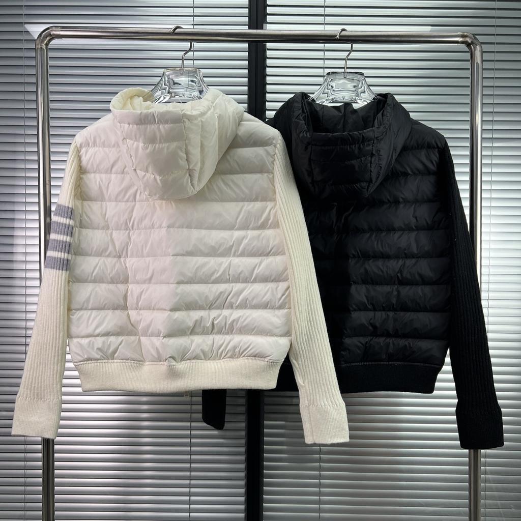 TB Women's Down Jacket New Goose Down College Style Thin and Versatile Knitted Sleeves Four Bars Hooded Thickened Down Jacket