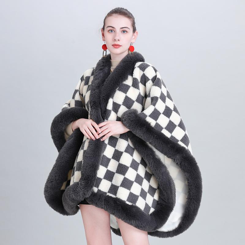 Fashion Scarf Shawl Thickened Plaid Fur Collar Cape Shawl 0982 #