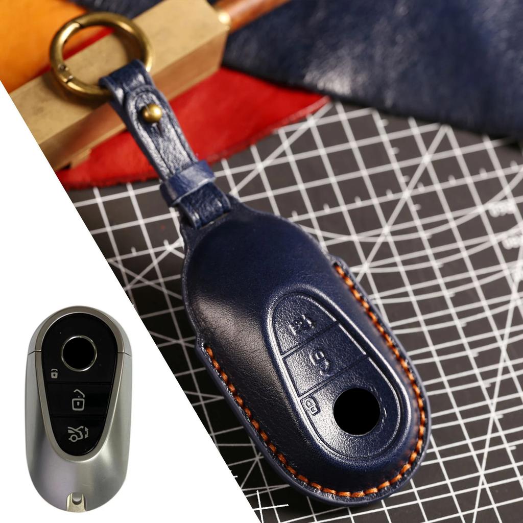 3D Genuine Leather Key Cover for Benz S400L S450 S500 Maybach Full Enclosed Anti-Scratch Fob Protector W/ Metal Ring