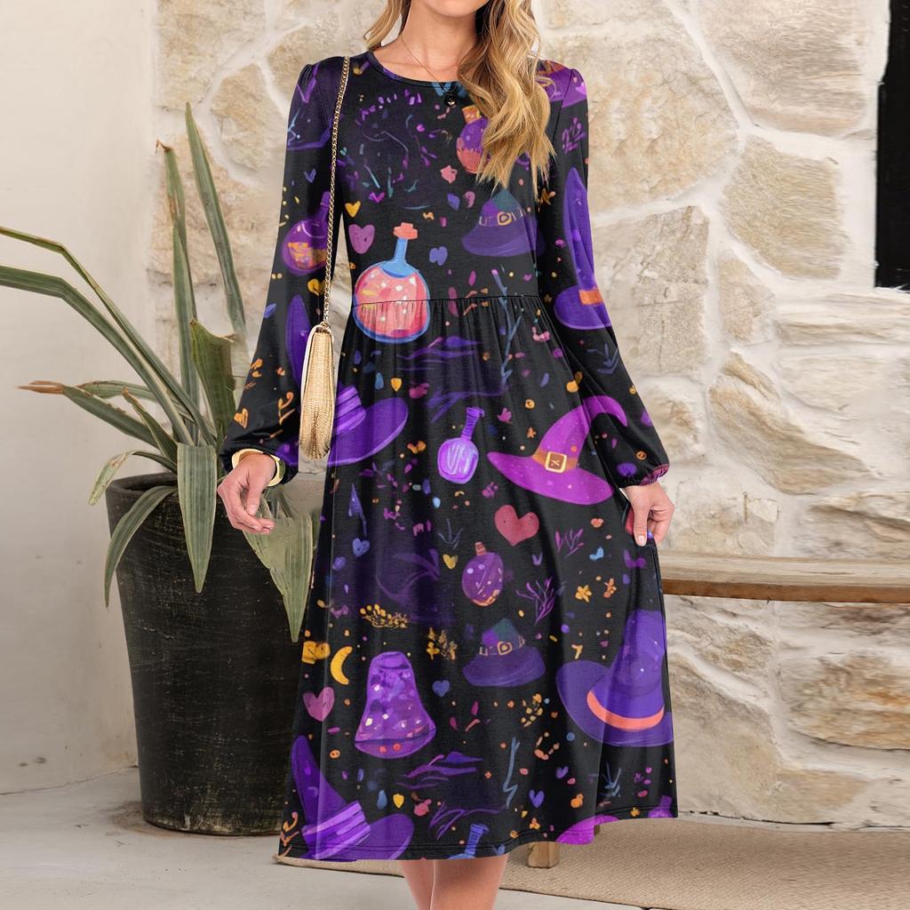 Women's Fashionable Loose Halloween Printed Round-neck Dress