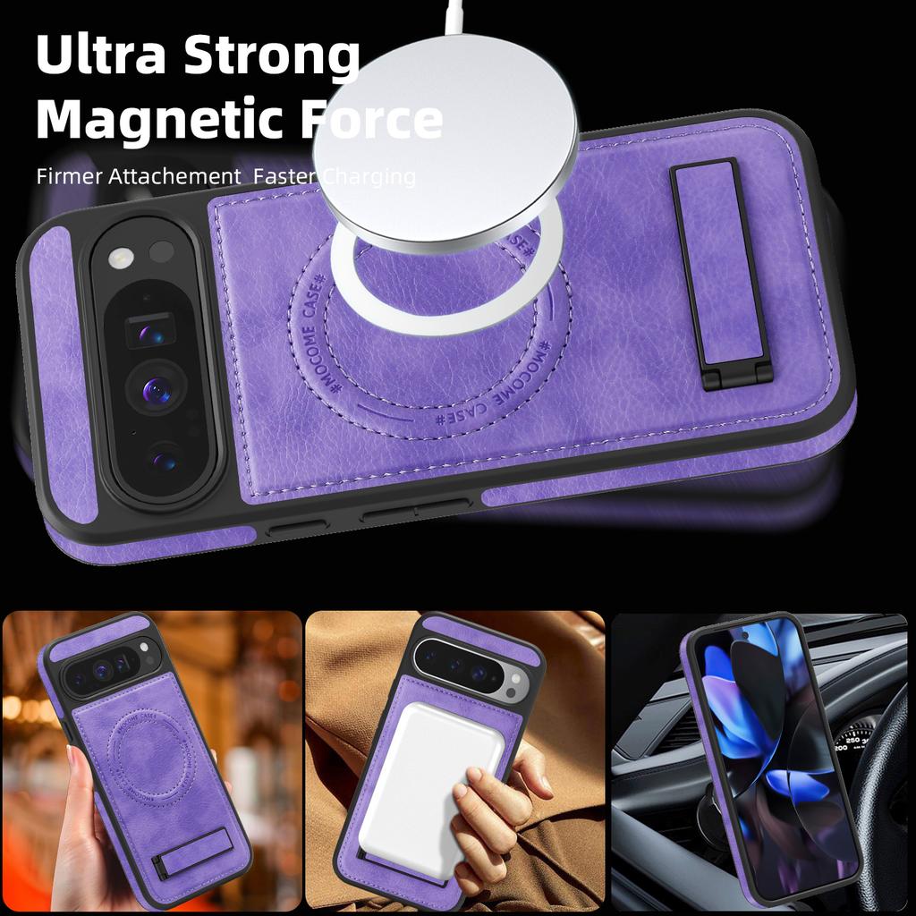 For Google Pixel 9 Pro XL Case Compatible with MagSafe Kickstand Leather Phone Back Cover