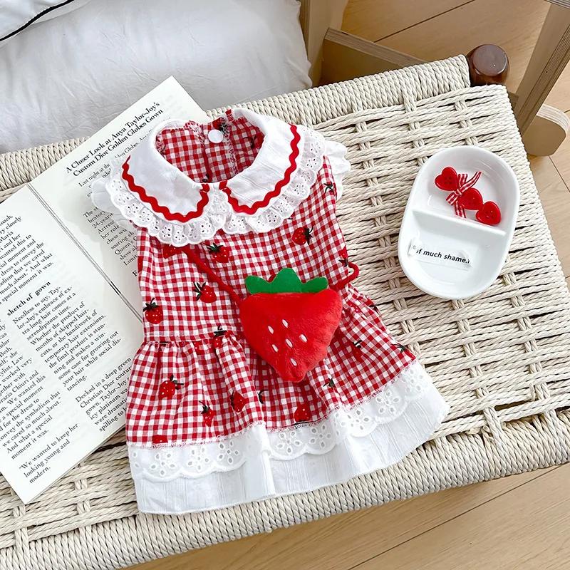 

Cute Dog Strawberry Dress Ins Style Summer Spring Small Dog Plaid Strawberry Pattern Pet Clothes Cat Puppy Apparel Red Pink XS（old） червоний