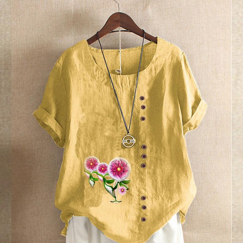 Women's Fashion Flowers Prined Short Sleeve T-shirt Loose Cotton Shirt Casual Loose Summer Blouse Tops