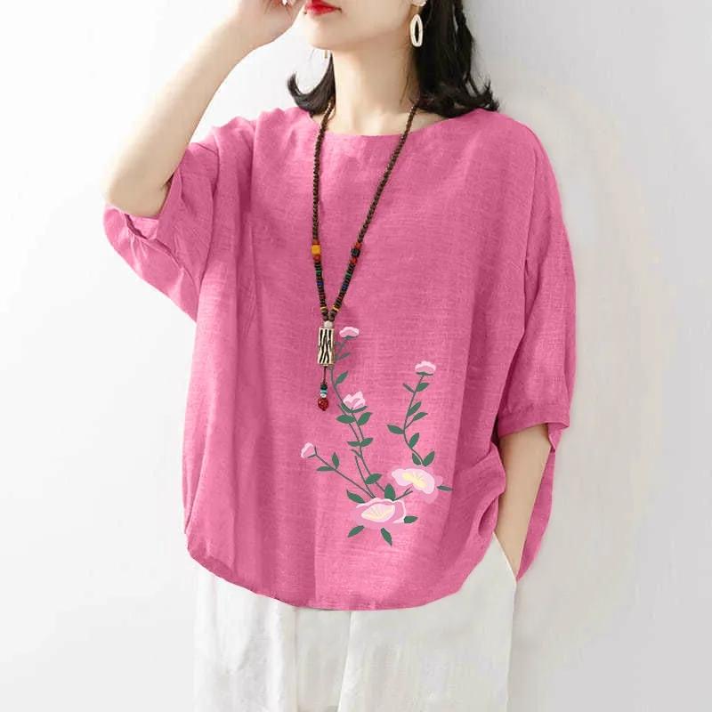 Women's Cotton Linen Short-sleeved Print T-shirt Female Summer Solid Color Loose Large Size Tops