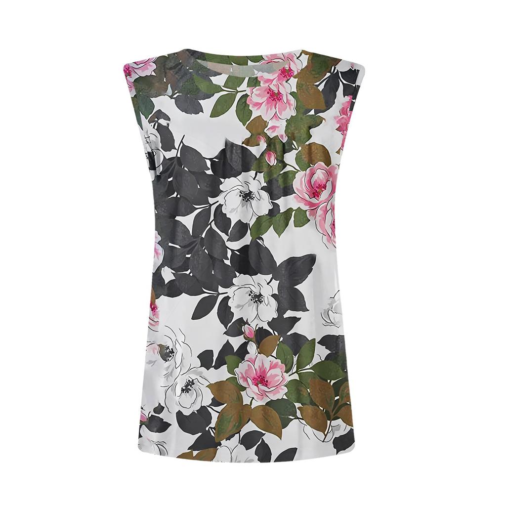 Women's Summer Vest Loose Pleated Round Neck Shirt Casual Sleeveless Top