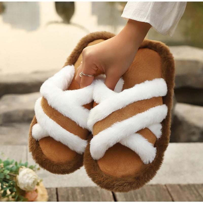 Fashion Fashion Fluffy Cross Strap House Slippers for Women Autumn Winter Warm Furry Slides Shoes Woman Indoor Comfort Flat Fur Slippers