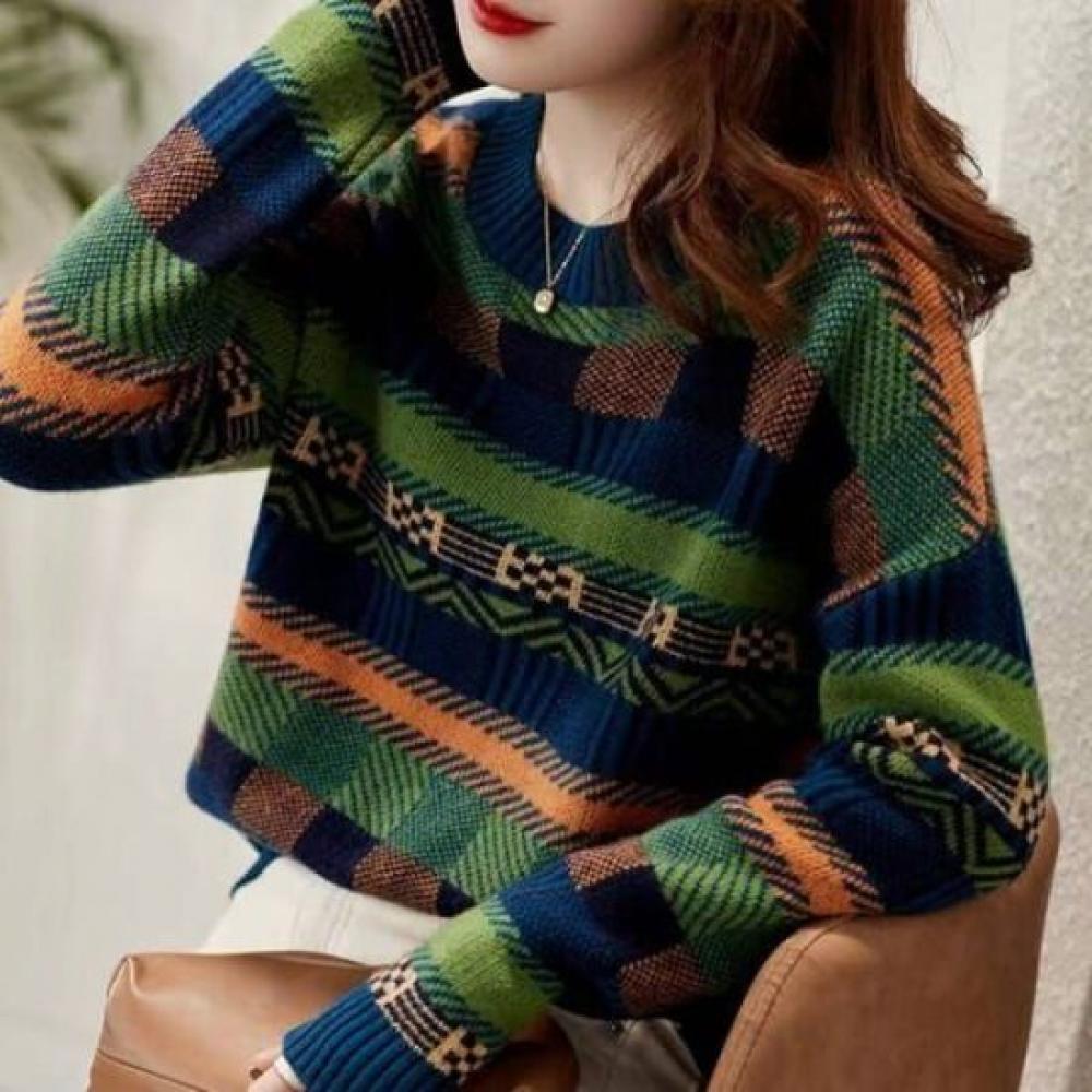 Navava Women Vintage Pattern Color Block Round Neck Knit Sweater Nk3370