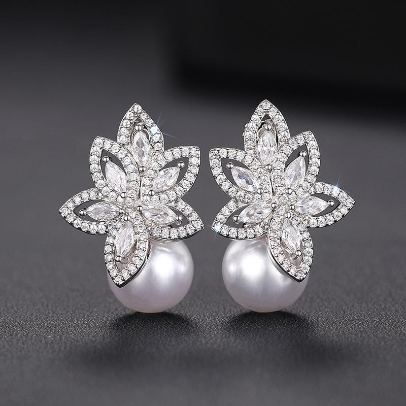 style earrings, imitation pearl flower horse eye design earrings, light luxury jewelry