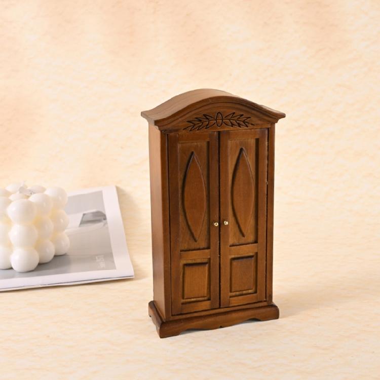 Miniature Antique Wooden Wardrobe For 1/12 Scale Dollhouses Accessories Double Door Cabinet Bedroom Scene Display Props