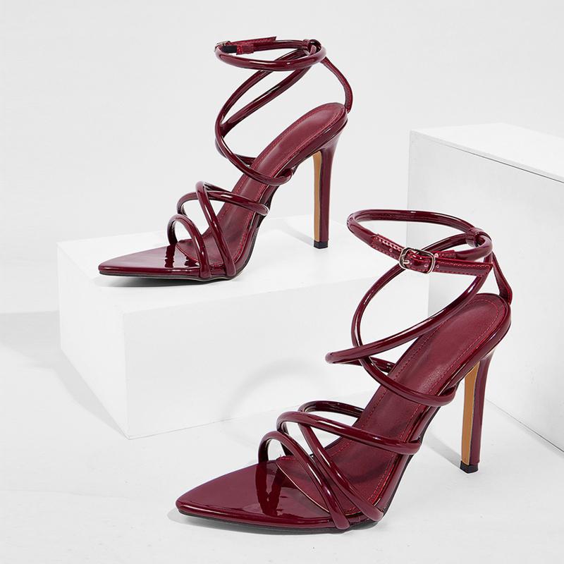 Liyke Weinrot Lackleder Schmalband Knöchelriemchensandalen Damen Hochzeit Bankettschuhe Sexy Spitzzehen Stripper Heels Sandale