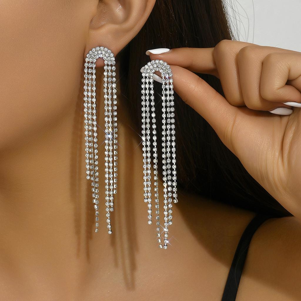 2 Pieces of Women's Fashionable Full Zircon Long Small Fresh Tassel Earrings, Earrings, Banquet and Party Accessories
