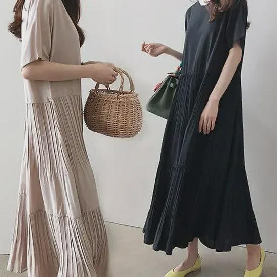 2024 Women's Solid Color Round Neck Pleated Maxi Dress - Loose Fit, Short Sleeve
