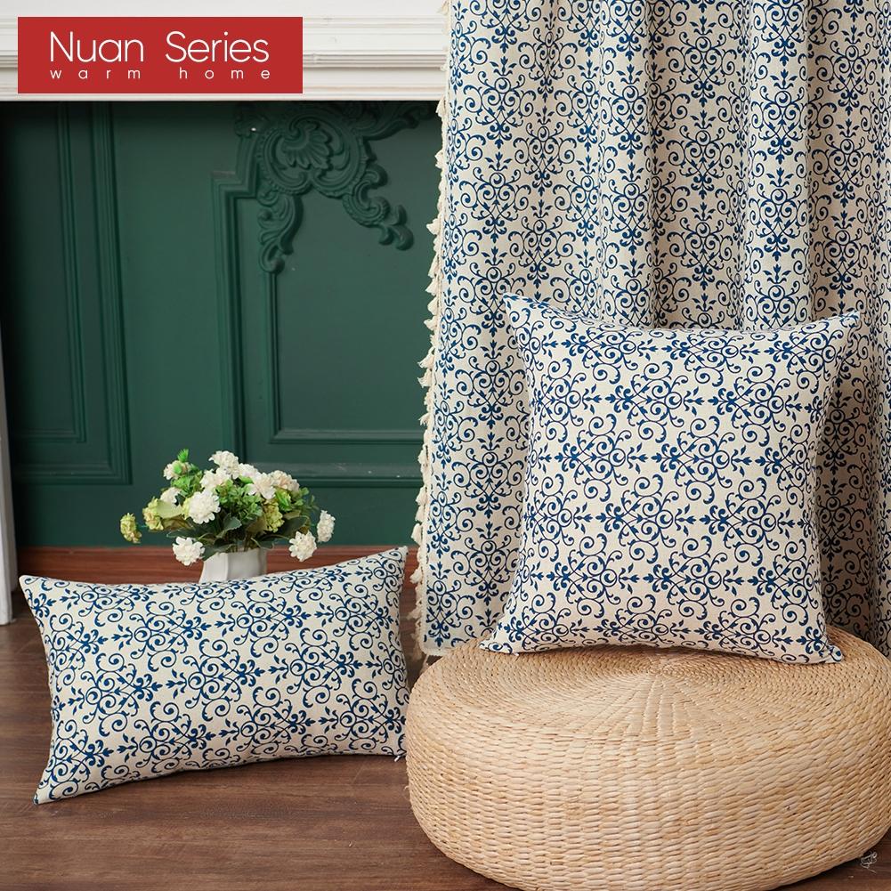 1PC Nuan Series Retro Chinese Classical Blue and White Porcelain Printed Cotton and Linen Pillowcase for Sofa Living Room Bedroom Home Decor