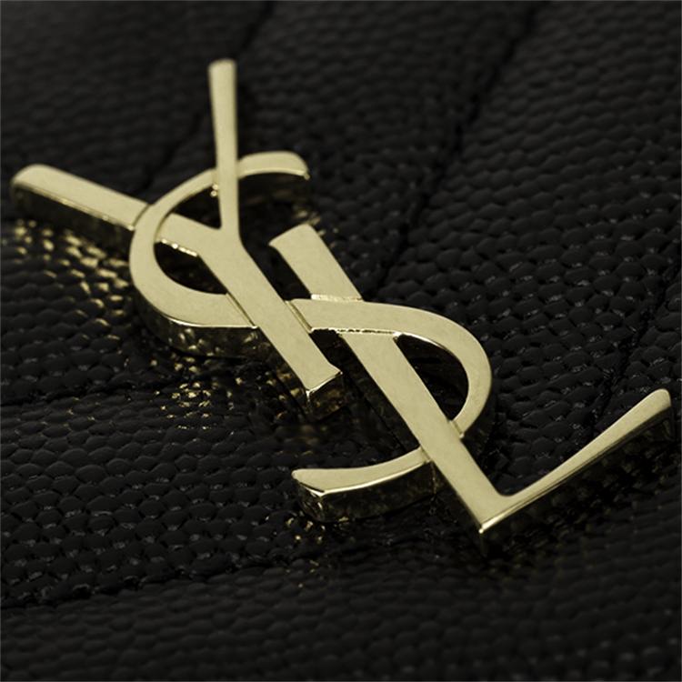 Saint Laurent Ysl Cassandre Double Fold Gold Logo Textured Quilted Leather Card Holder Wallet Women Wallet Black 530841-BOWA1-1000