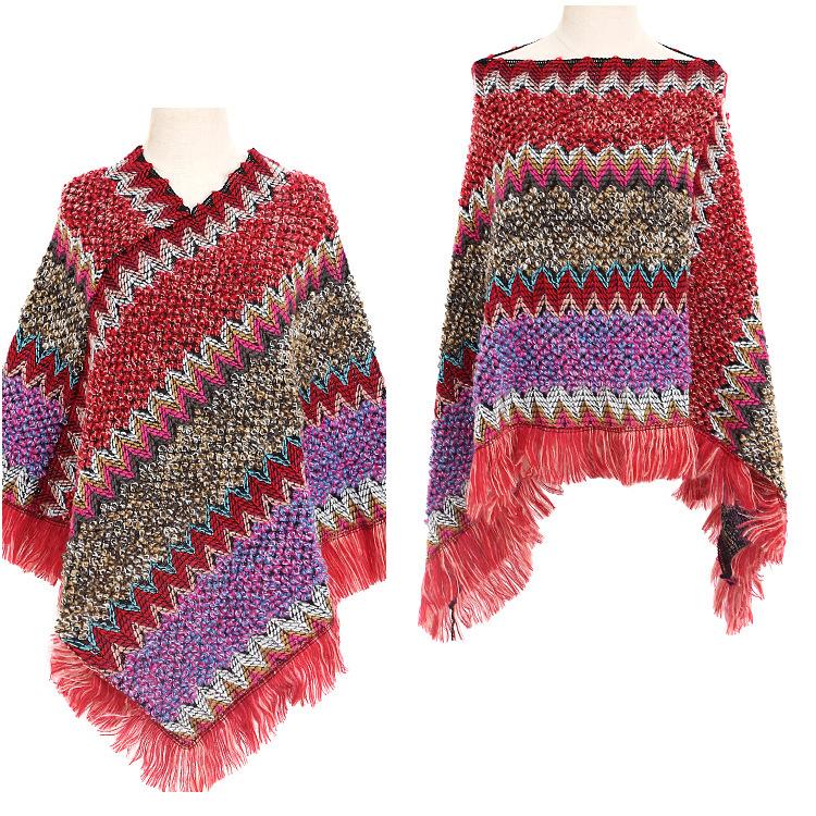 Dámský pulovr s cikcakovým úpletem a třásněmi, šál, podzimní hippie měkký háčkovaný šál, asymetrická šála