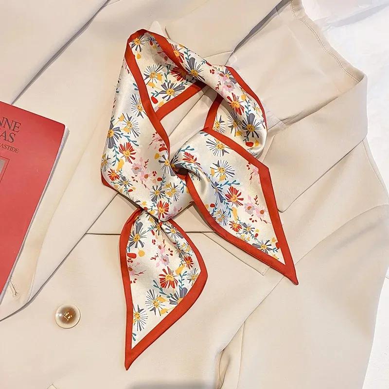 Silk Long Scarf Women Leopard Flamingo Print Luxury Hairband Narrow Scarves Small Neckerchief Summer Headband Ribbons Female