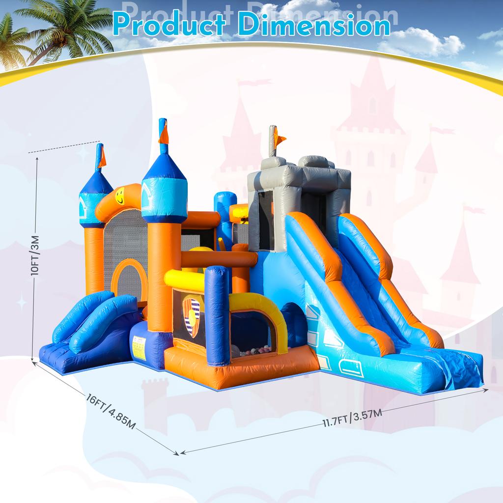 Castillo Inflable para Fiestas Infantiles, Castillo Hinchable con Toboganes y Piscina de Bolas, Juego de Lanzar Anillas, Aro de Baloncesto, Obstáculo