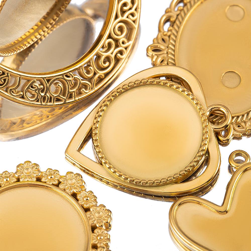 2pcs Stainless Steel Retro Heart Round Charms Blank Tray Base Gold Plated Cabochon Cameo Base Tray Bezel Pendant Jewelry Finding