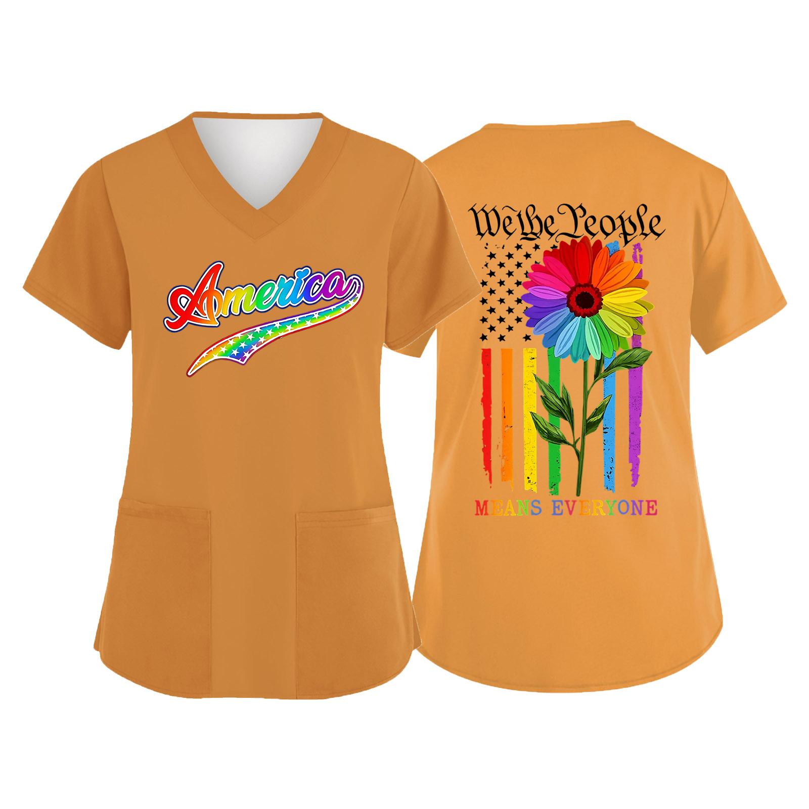 

Ladies V Neck Short Sleeve Work Shirt with Pockets Independence Day Print Top Medical Uniform Scrub Tee for Caregivers XL