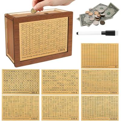 Wood Money Box with Target Number Sticker Marker Pen Large Capacity Piggy Bank Coin Cash Container Kids Adults Money Saving Challenge Case Jar