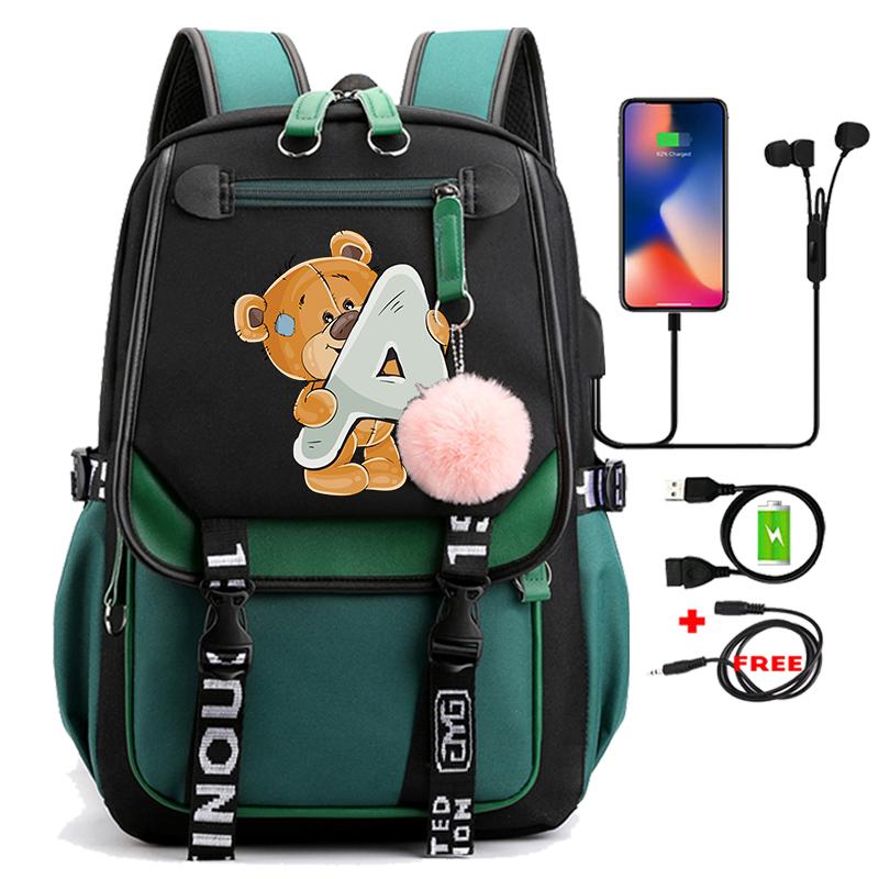 Lovely Little Bear 26 English Letters Student School Bag Backpack Outdoor Teenage Girl Cartoon Bookbag Laptop Travel Rucksack