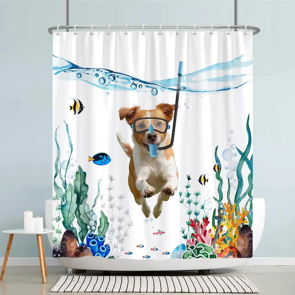 Lustige Meerestiere Kinder Duschvorhang Cartoon Aquarell Kunst Malerei Stil Polyester Stoff Duschvorhang Badezimmer Dekorati
