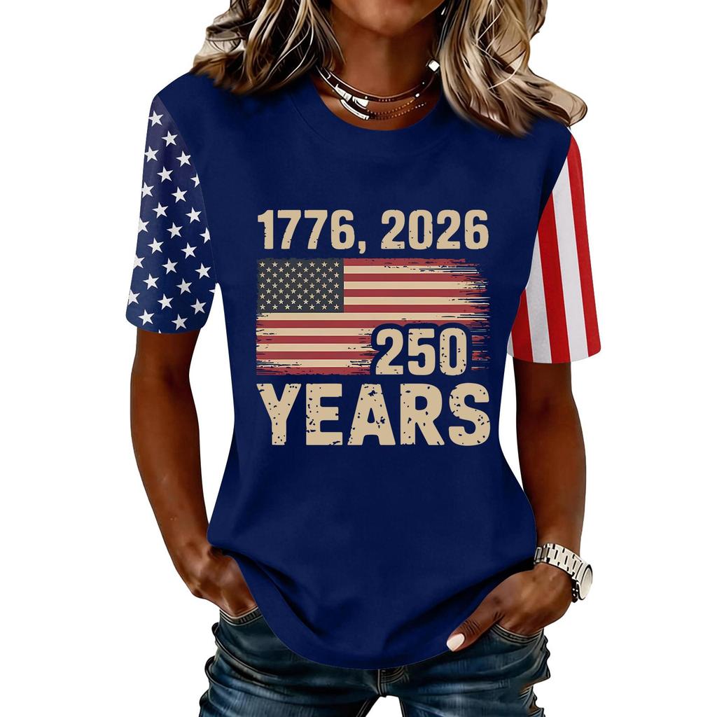 Blusa Feminina da Moda Casual de Manga Curta com Estampa e Gola Redonda