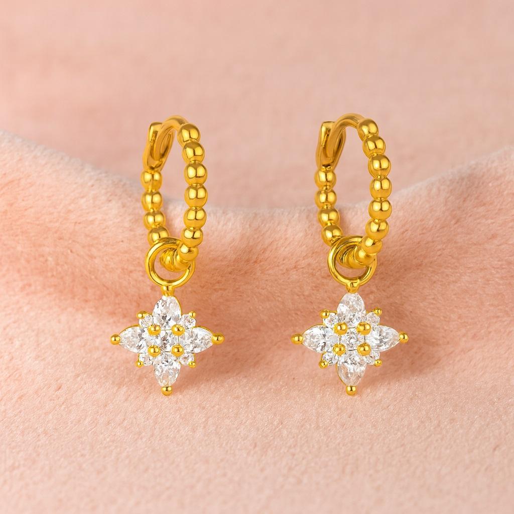 Beaded Star Drop Hoop Earrings - 925 Sterling Silver Gold Plated