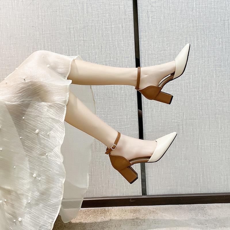 Baotou Fashion Sandals for Women 2025 New Spring and Autumn Collection Simple Middle Heel Coarse Follow Shoes Pointed High Heels