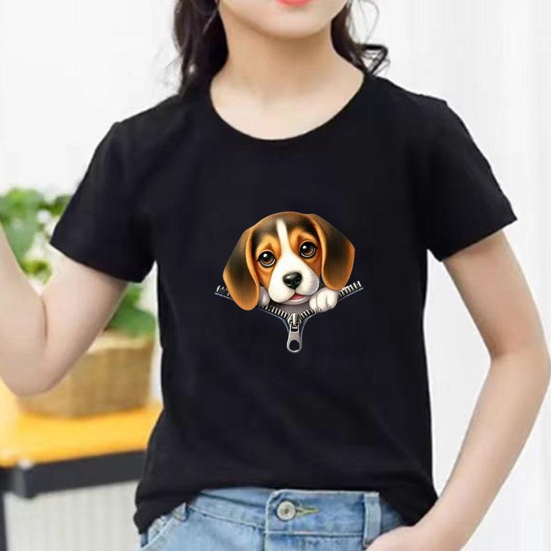 Kids Cotton T Shirt Cute Beagle Puppy Dog Zipper Print Crew Neck Short Sleeve Tee Casual Breathable Boys Girls Summer Tops
