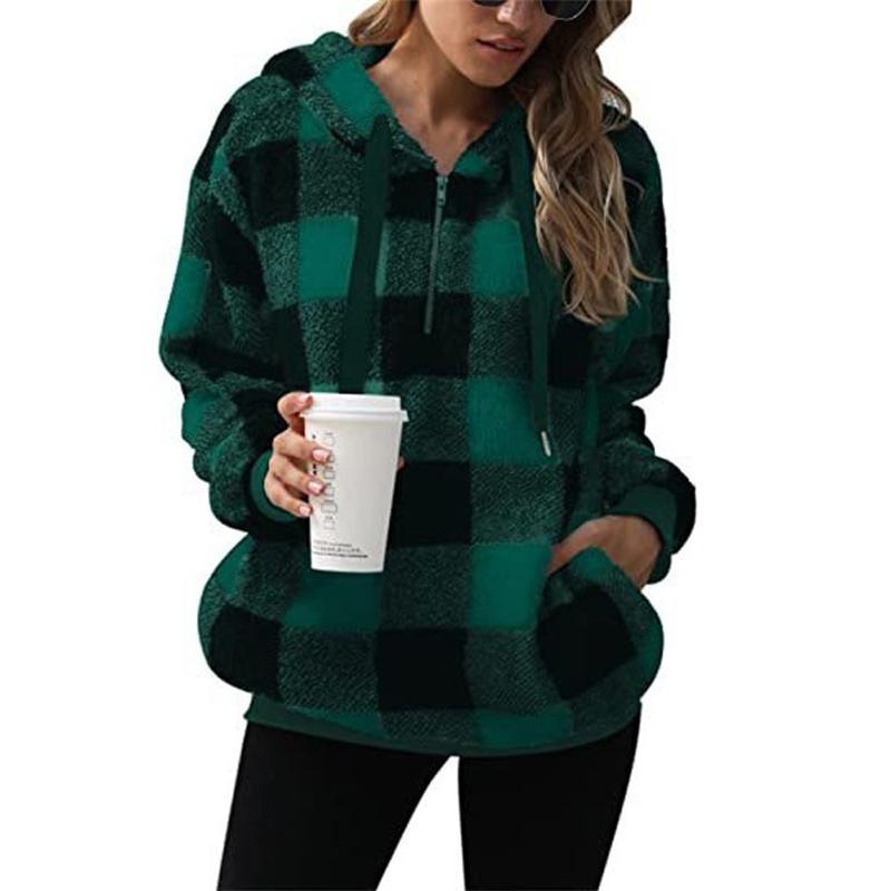 Plush Jacket Autumn and Winter New Long Sleeved Hooded Plaid Plush Women's Hoodie