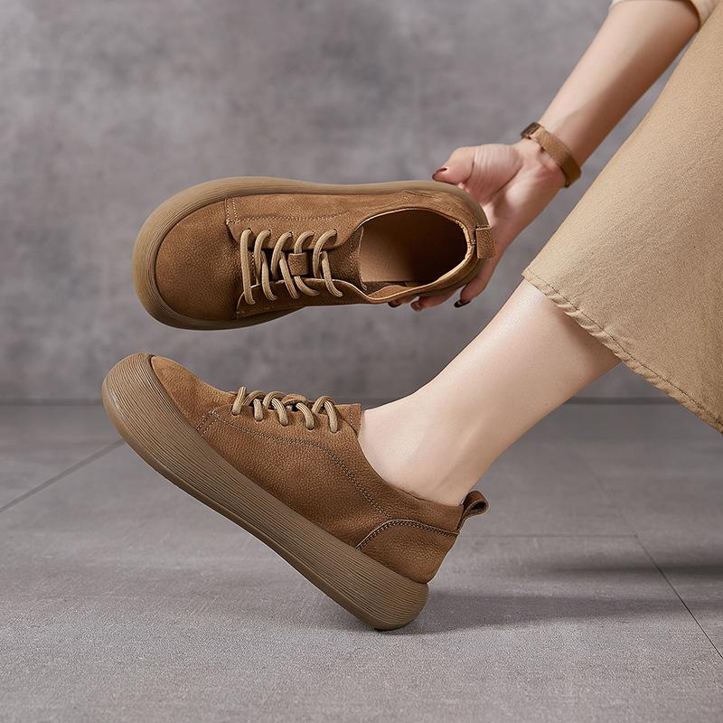 Top-grain Cowhide Women's Shoes Thick-soled Soft Leather Soft-soled Casual Shoes Flat-bottomed Big-headed Ugly and Cute Shoes