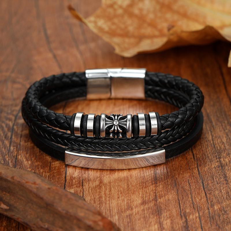 

Handmade Braided Leather Bracelet For Men Vintage Ornamental Wristband Accessory Durable Stylish Gift чёрный