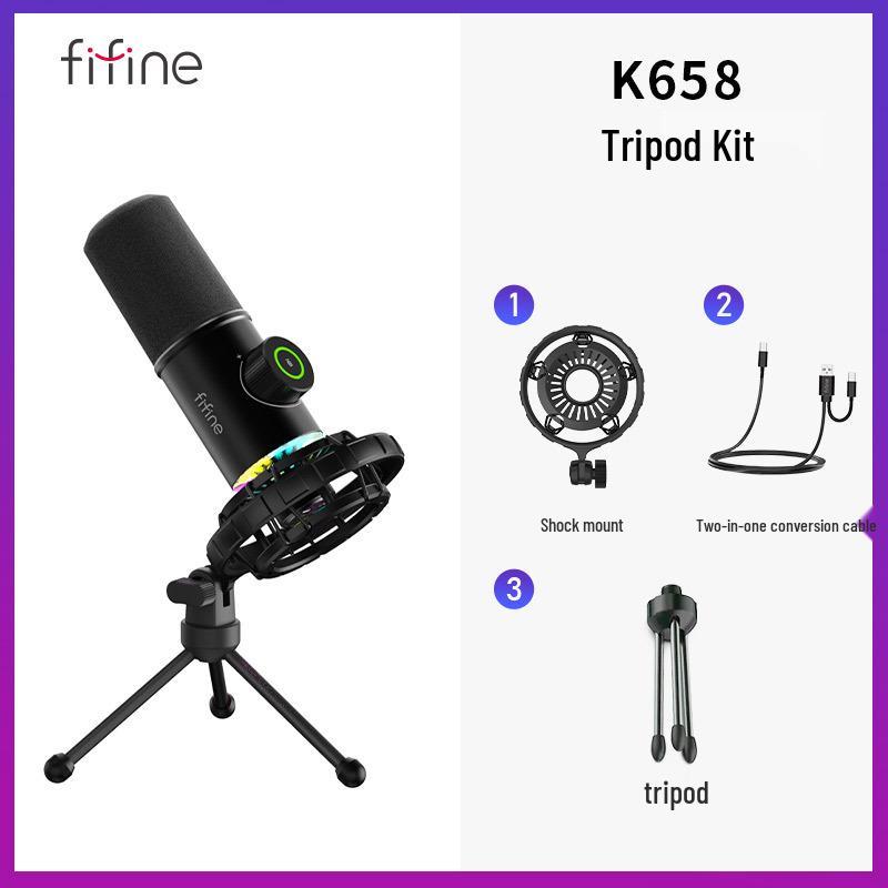 Fifine RGB Динамический кардиоидный микрофон с шумоподавлением для игр, стриминга и записи - Модель K658 Official Standard Configuration