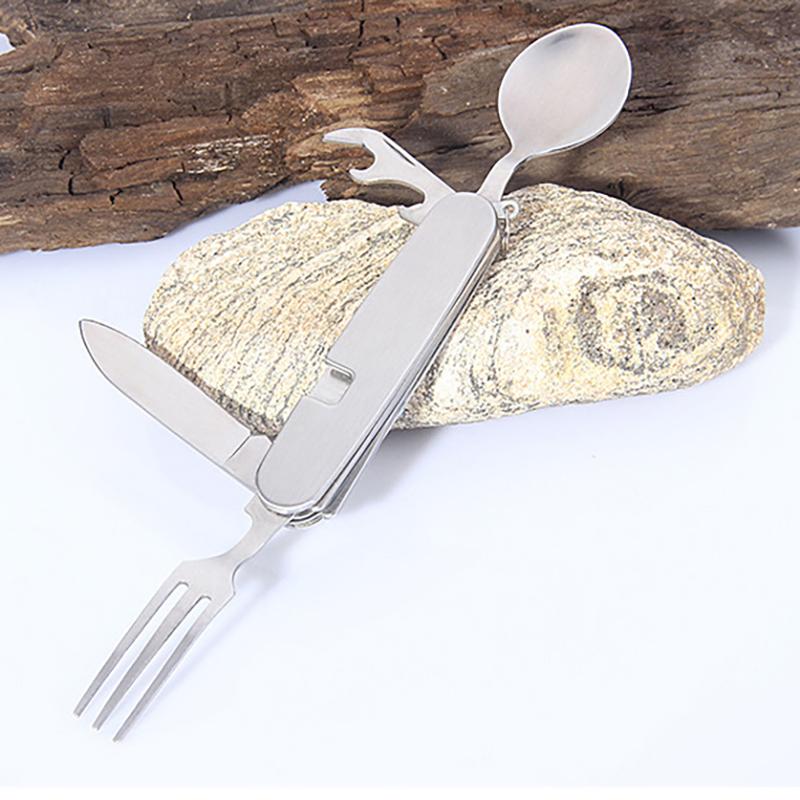 Multi-Functional Camping Cutlery Set Stainless Steel Folding Fork Spoon Knife Opener Detachable Tableware Travel Picnic Utensils