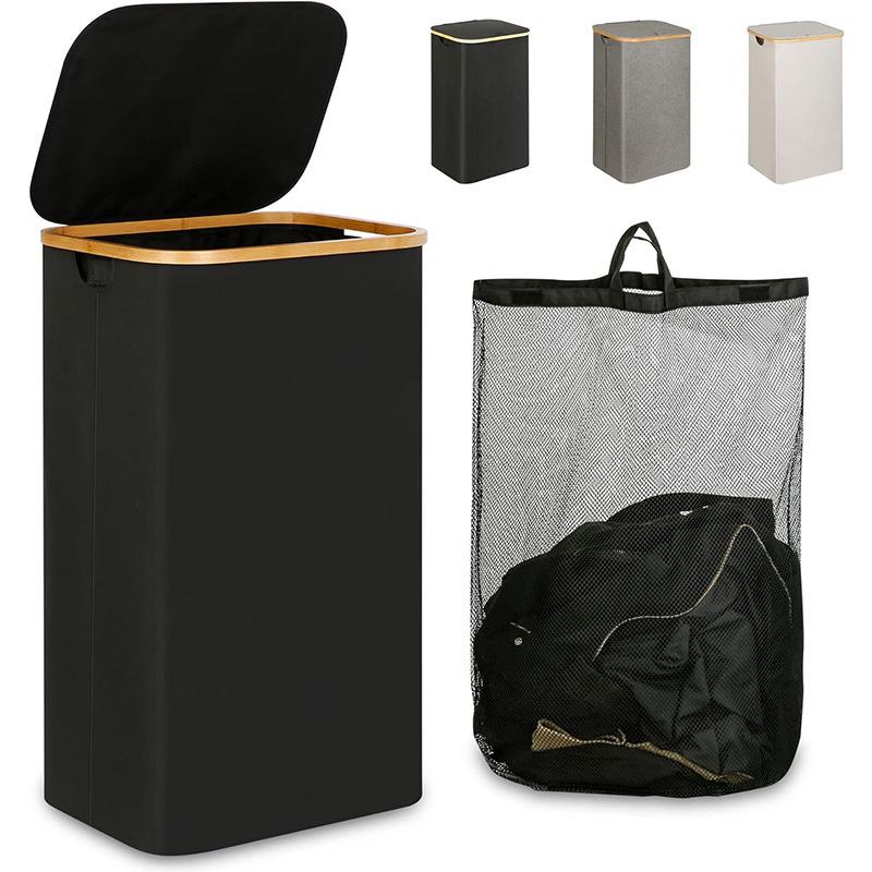 Foldable Bamboo Laundry Basket with Lid and Inner Bag for Bathroom/Bedroom