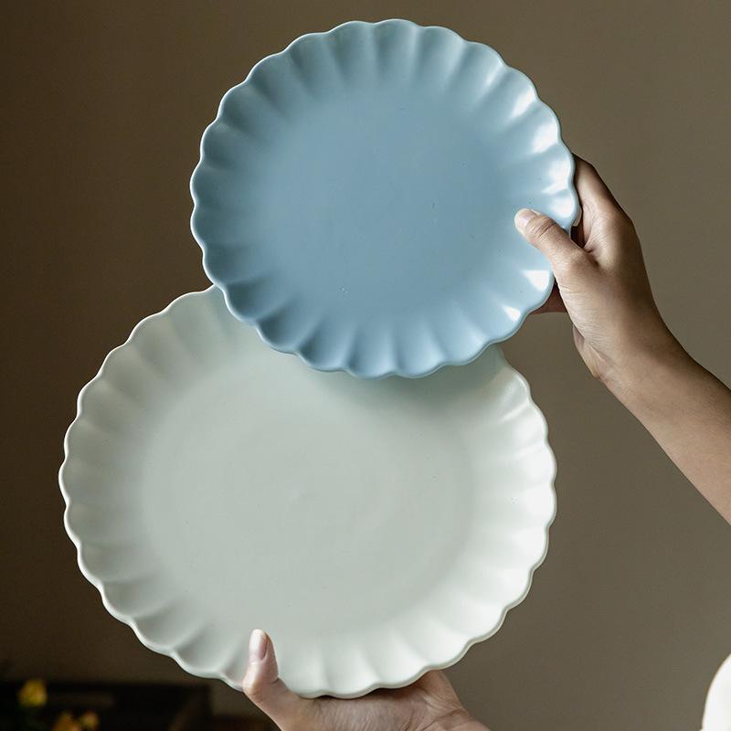 Simple Solid Color Flower-Shaped Frilly Plate High-Value Western Food Plate Ceramic Large Plate Household Round Plate Tableware Plate