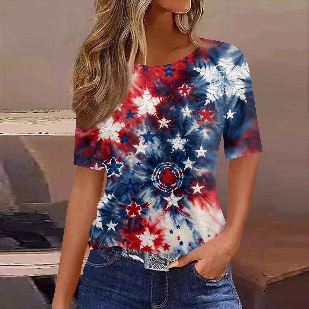 Women's Fashionable Casual Short Sleeve Print Round Neck Pullover Top