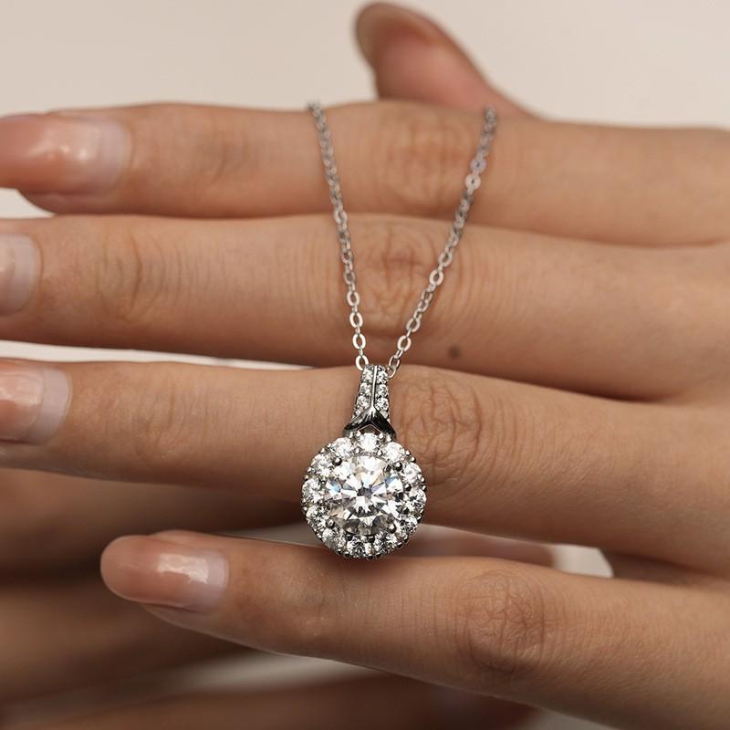 Sterling Moissanite Pendant Necklace Women 2ct Round Micro-Set Locket Chain Floral Design 21-50cm Adjustable