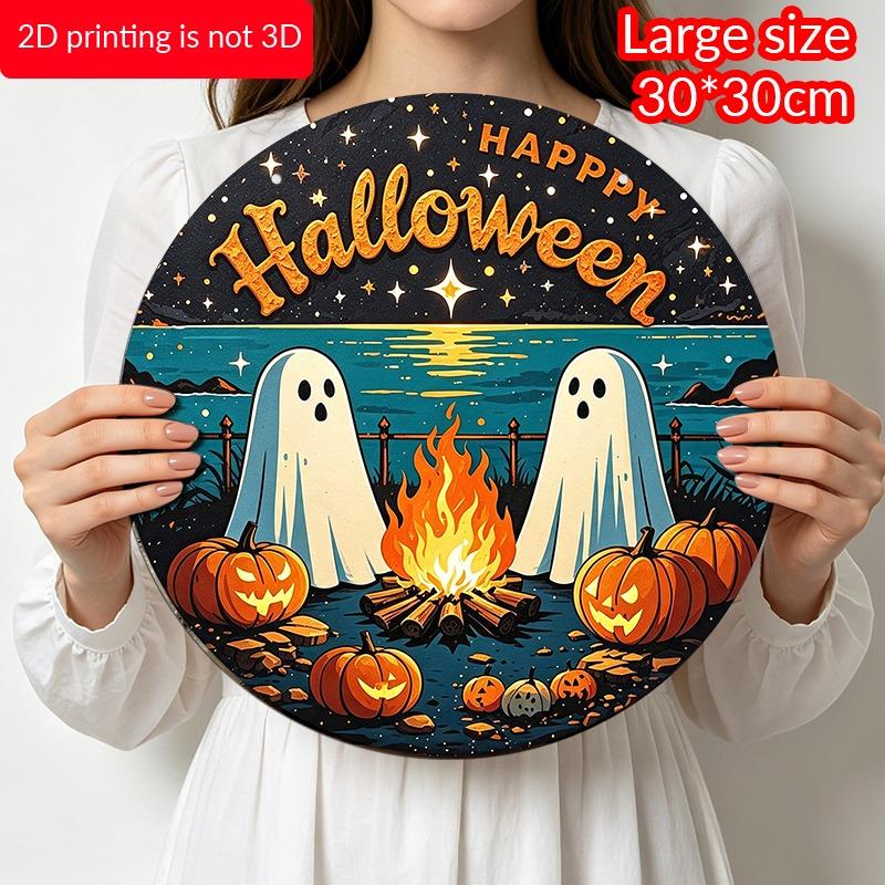 2D Flat, 1pc Decorative Plaques and Ornaments Sign, Round Aluminum Happy Halloween Coastal Ghost Hanging Plaque, Campfire Pumpkin Starry Farmhouse